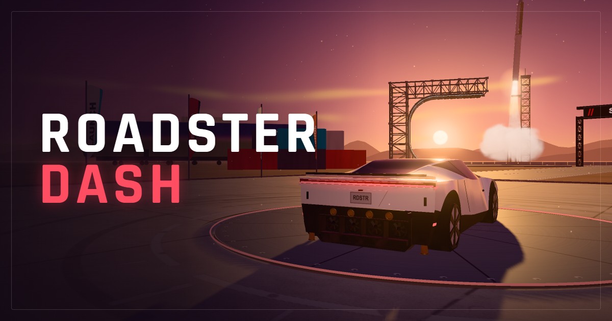 Roadster Dash's white roadster on the launch pad at sunset